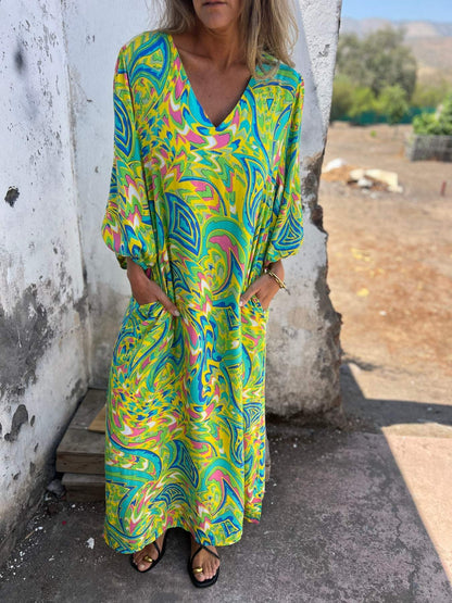 Robe maxi femme avec décolleté en V profond et manches ballon décontractées Chic und Stil