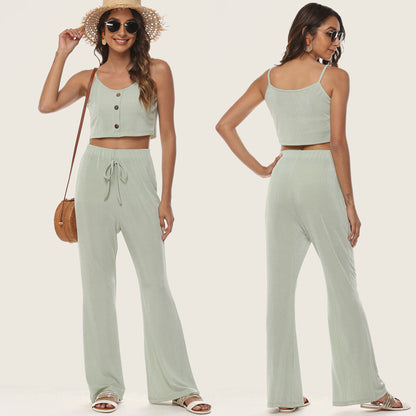 Women Short Ribbed Top and Flared Pants Set Chic and Style