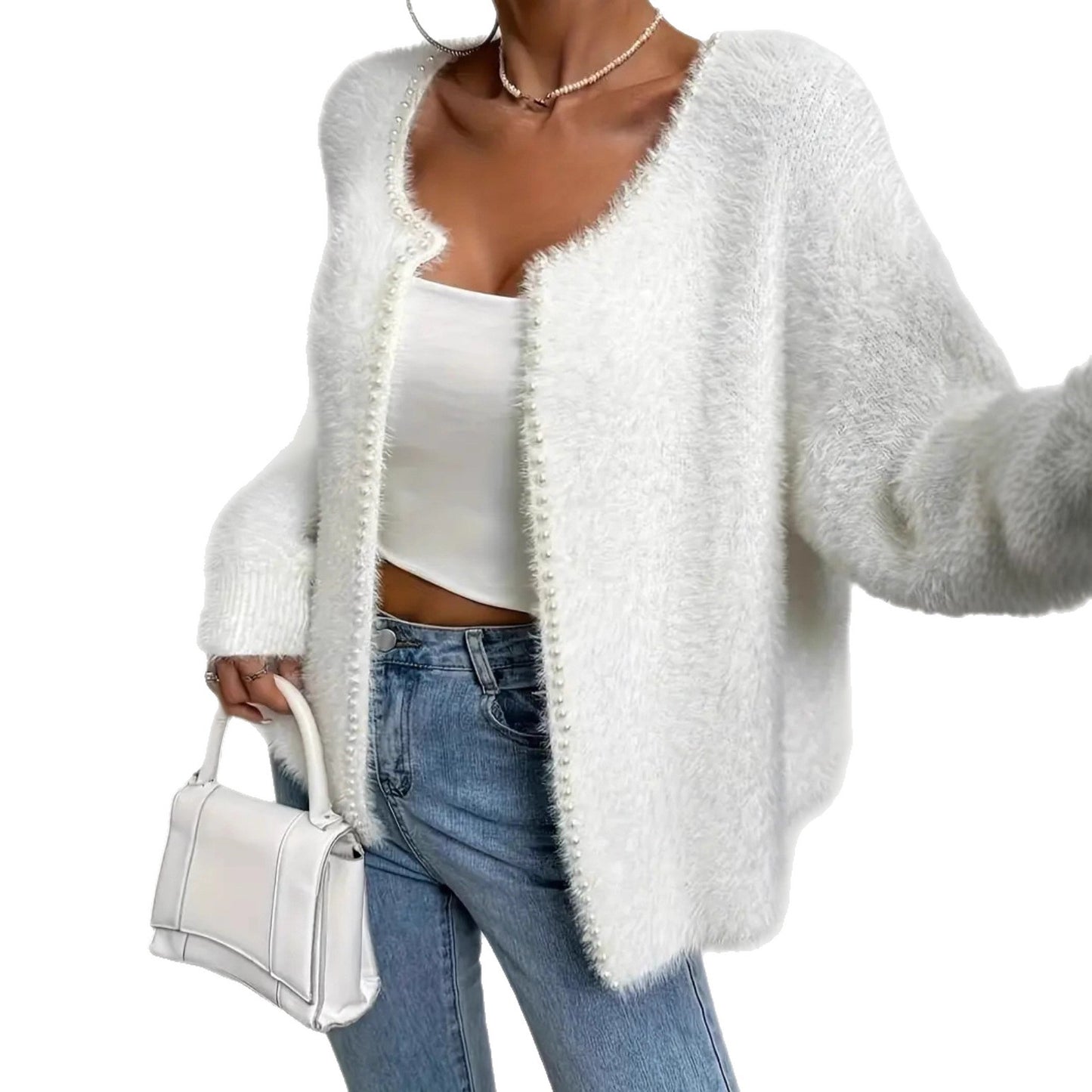 Dames cardigan en peluche avec boutons en perles et coupe décontractée Chic und Stil
