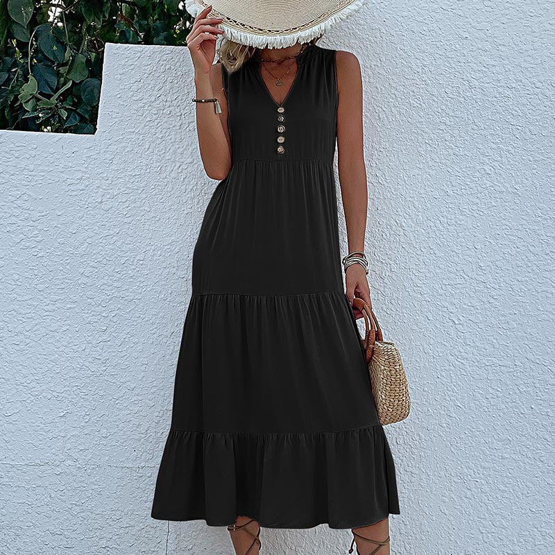 Robe maxi sans manches à volants pour femmes avec détail bouton Chic und Stil