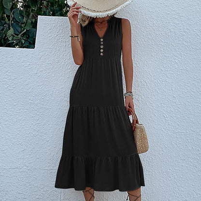 Robe maxi sans manches à volants pour femmes avec détail bouton Chic und Stil
