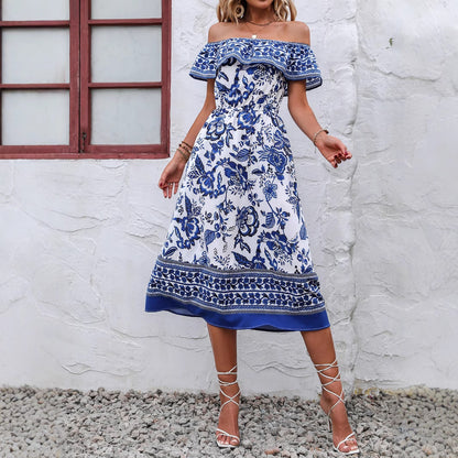 Robe maxi d'été pour femme avec un design dénudé des épaules ludique et un motif floral Chic und Stil