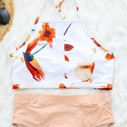 Dames Ensemble de bikini à col haut fleuri Chic und Stil