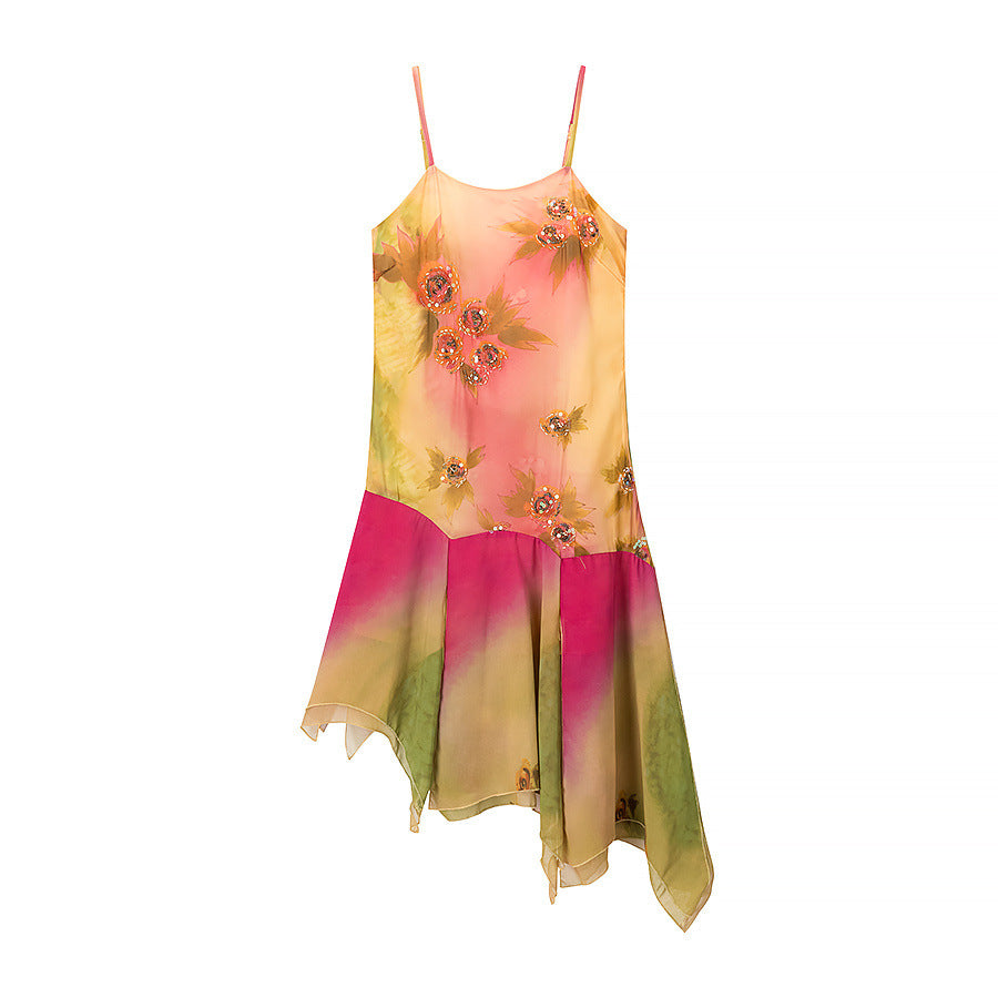 Robe d'été asymétrique pour femmes avec un design floral et de délicates bretelles spaghetti Chic und Stil