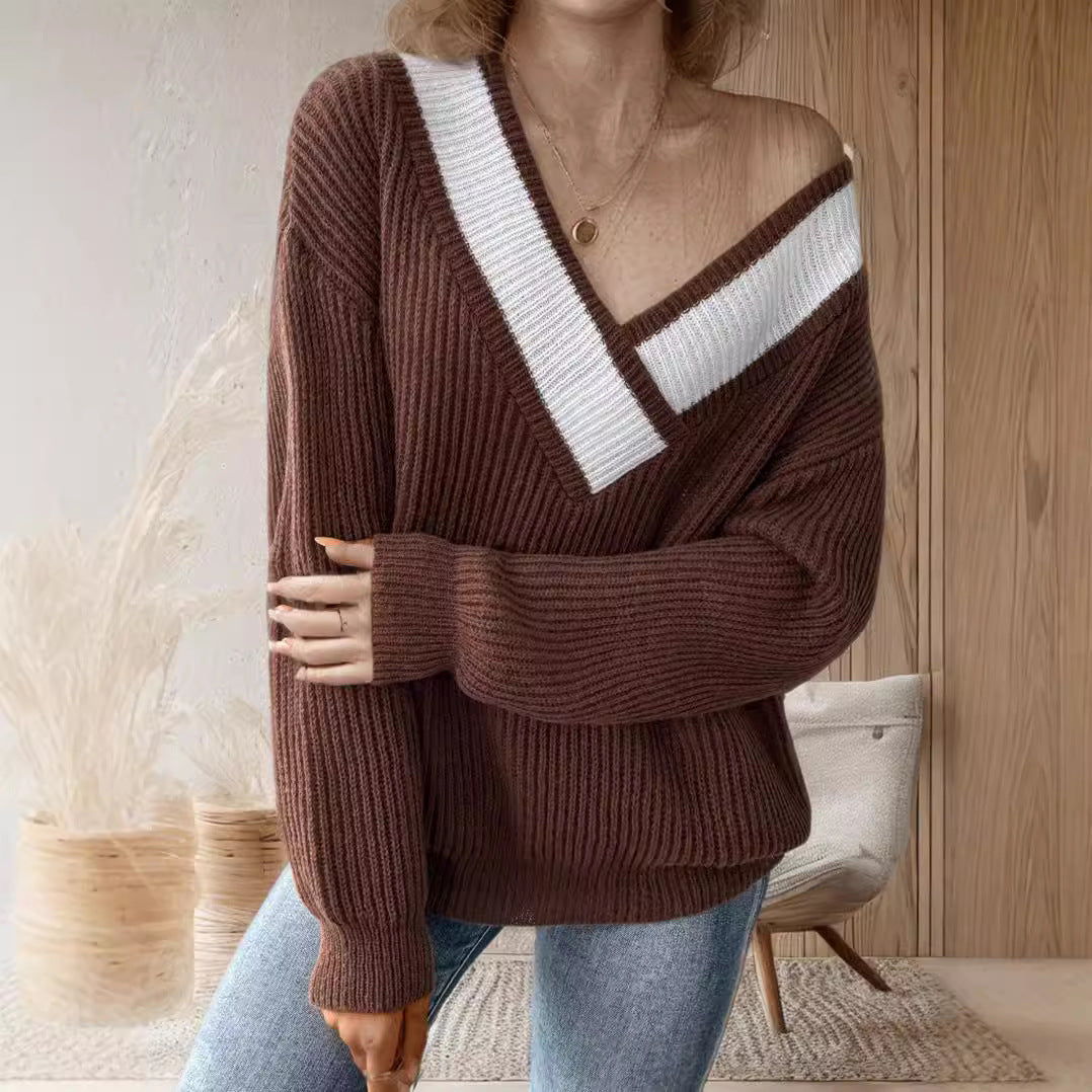 Pull-over V ample pour dames avec un design en tricot côtelé texturé Chic und Stil