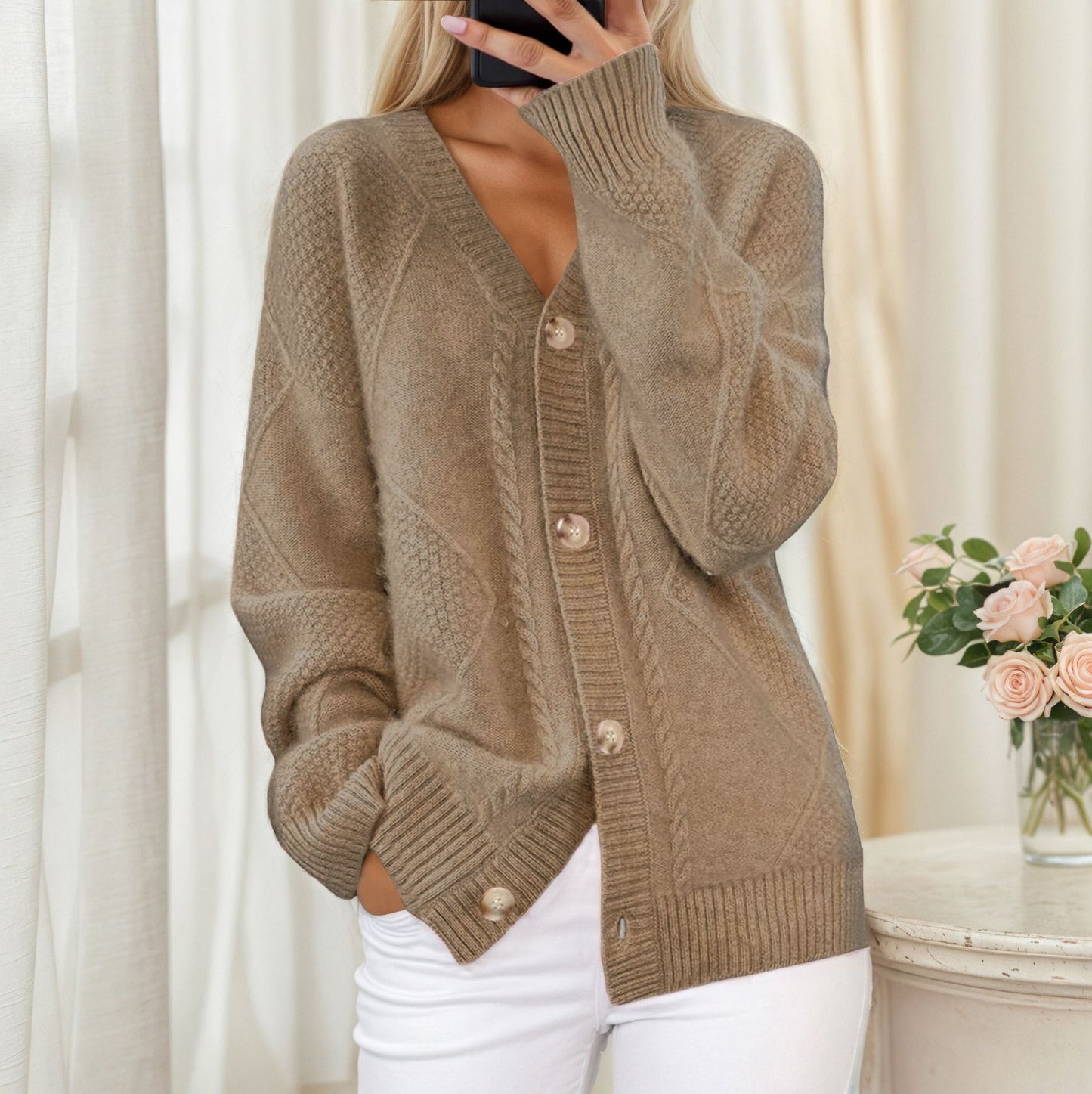 Knit jacket for women with braided pattern and elegant button detail Chic und Stil