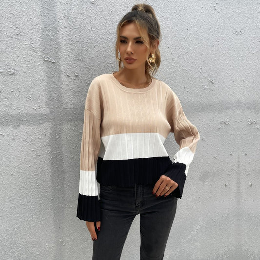 Pull en tricot à la mode pour femmes avec un design de blocs de couleurs harmonieux et des manches larges Chic und Stil