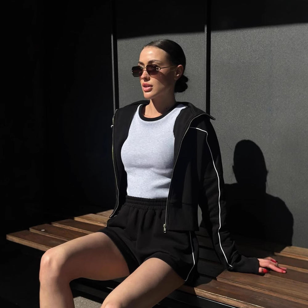 Short sports set for women with hoodie and elastic shorts Chic and Style