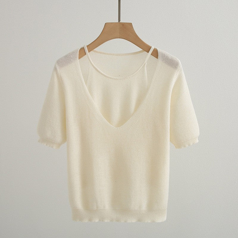 Pull en tricot à col V décontracté pour femme à manches courtes Chic und Stil