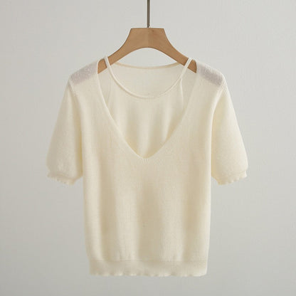 Pull en tricot à col V décontracté pour femme à manches courtes Chic und Stil