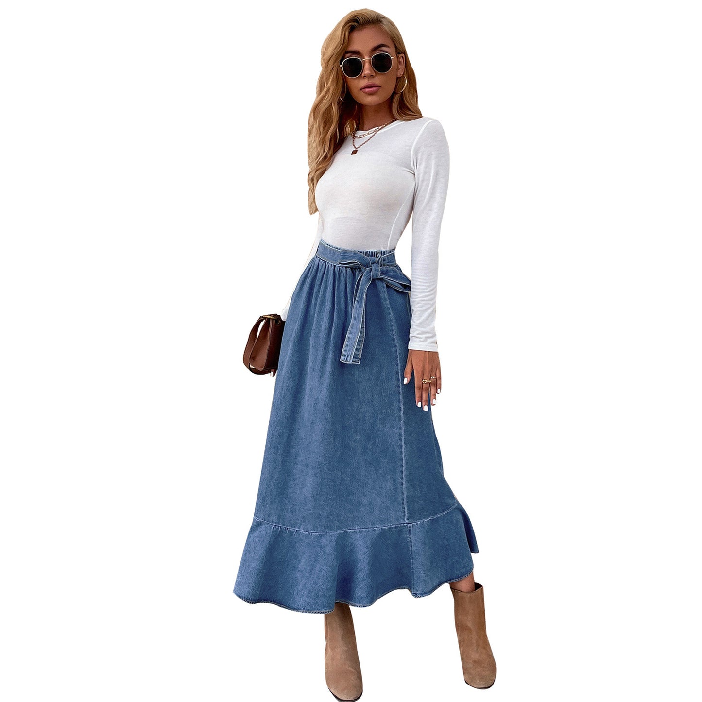 Jupe maxi en denim pour femme avec détail de lien décontracté Chic und Stil