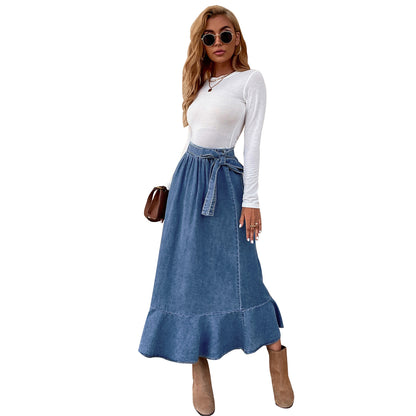 Jupe maxi en denim pour femme avec détail de lien décontracté Chic und Stil