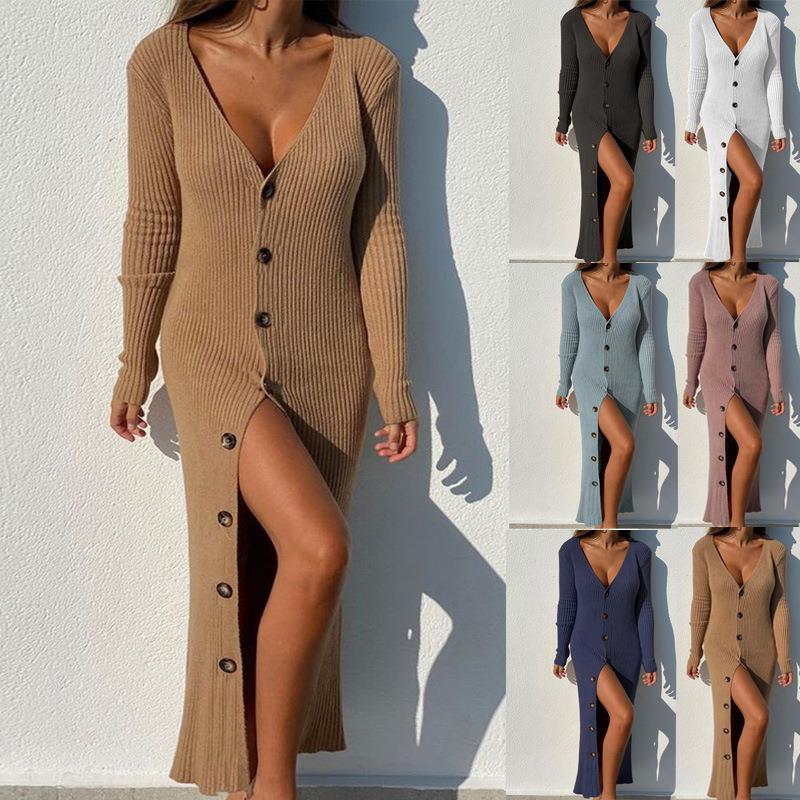 Robe à manches longues pour femmes avec patte de boutonnage continue et fente latérale Chic und Stil