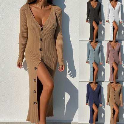 Robe à manches longues pour femmes avec patte de boutonnage continue et fente latérale Chic und Stil