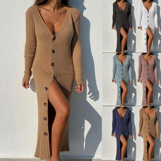 Robe à manches longues pour femmes avec patte de boutonnage continue et fente latérale Chic und Stil