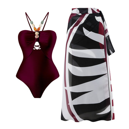 Maillot de bain une pièce pour femmes avec des accents en perles décoratives et une élégante jupe maxi Chic und Stil