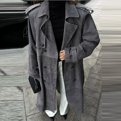 Dames élégant long trench coat en daim doux Chic und Stil