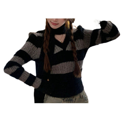 Femme doux pull V avec design rayé et écharpe assortie Chic und Stil