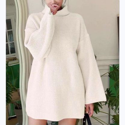 Dames Pull en tricot long avec col montant et manches évasées Chic und Stil