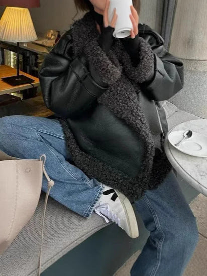 Oversized faux leather jacket for women with cozy lining Chic and Style