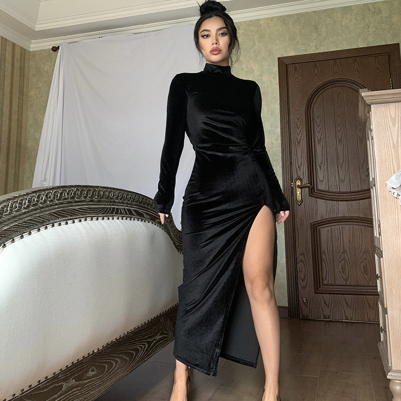 Femmes Élégante robe maxi à design haut fermé et fente latérale Chic und Stil