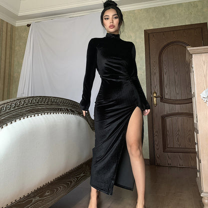 Femmes Élégante robe maxi à design haut fermé et fente latérale Chic und Stil