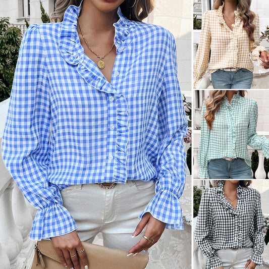 Women's plaid blouse with ruffle details and button placket Chic und Stil