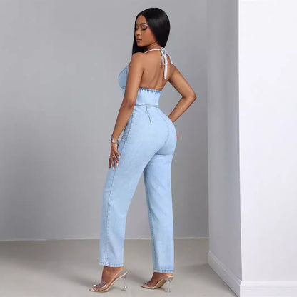 Combinaison en denim pour femmes avec décolleté en V profond et patte de boutonnage Chic und Stil