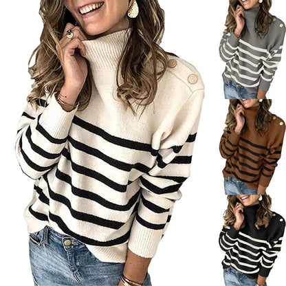 Pull femme à col haut avec motif rayé et boutons décoratifs Chic und Stil