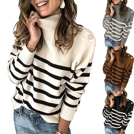 Pull femme à col haut avec motif rayé et boutons décoratifs Chic und Stil