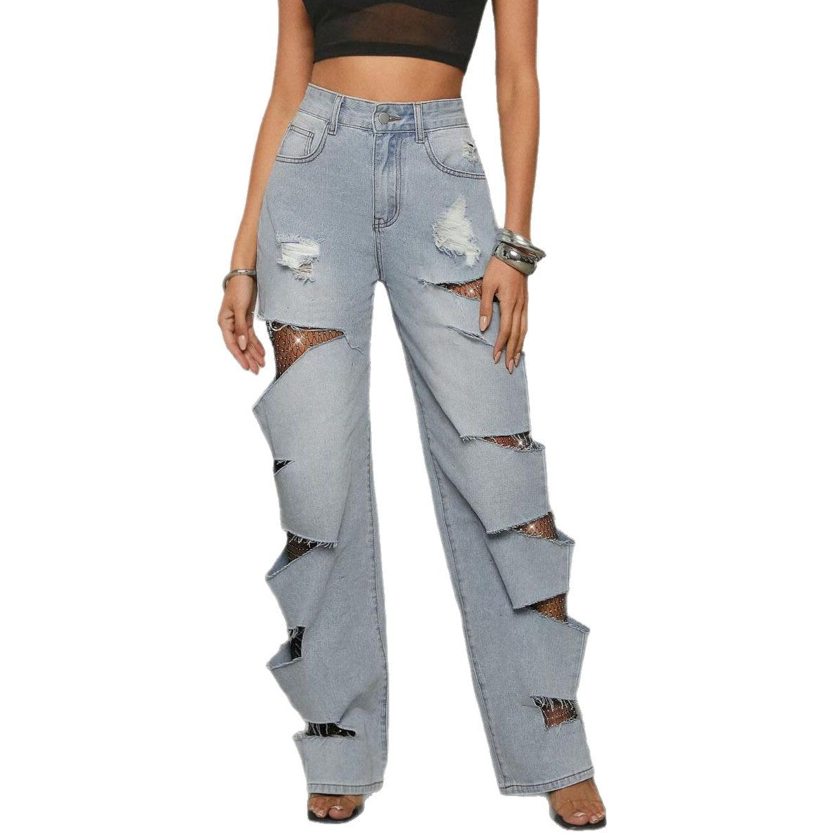 Dames Jeans à coupe ample avec des découpes raffinées et des détails en maille Chic und Stil