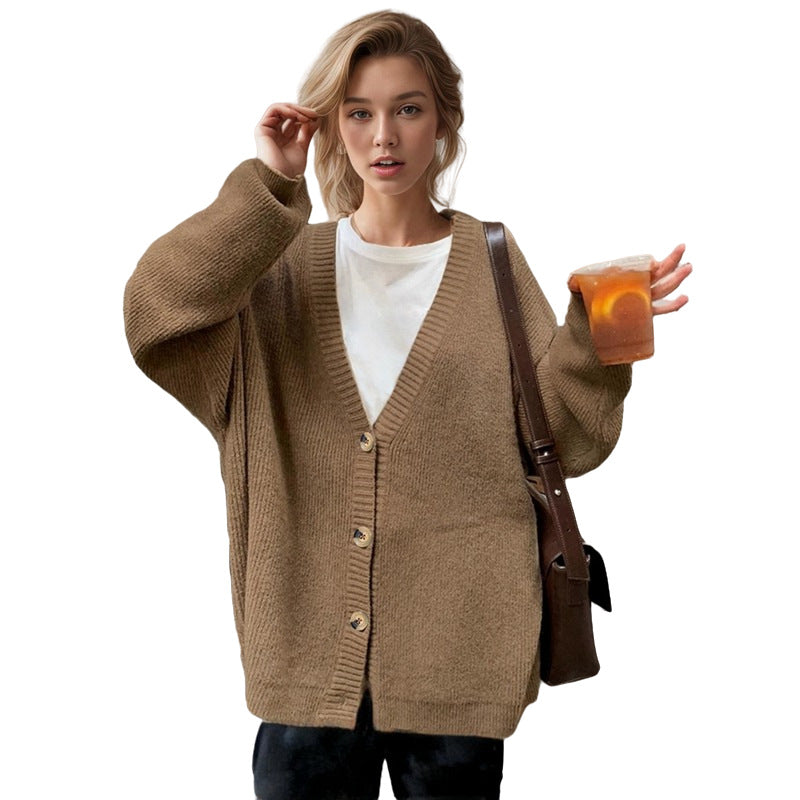Dames grand tricot cardigan avec décolleté en V profond et grands boutons Chic und Stil