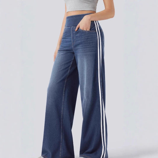 Wide denim pants for women with side stripe and high waist Chic and Style