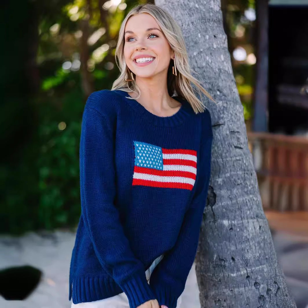 Pull tendance pour femmes avec broderie de drapeau des États-Unis en coton aérien Chic und Stil