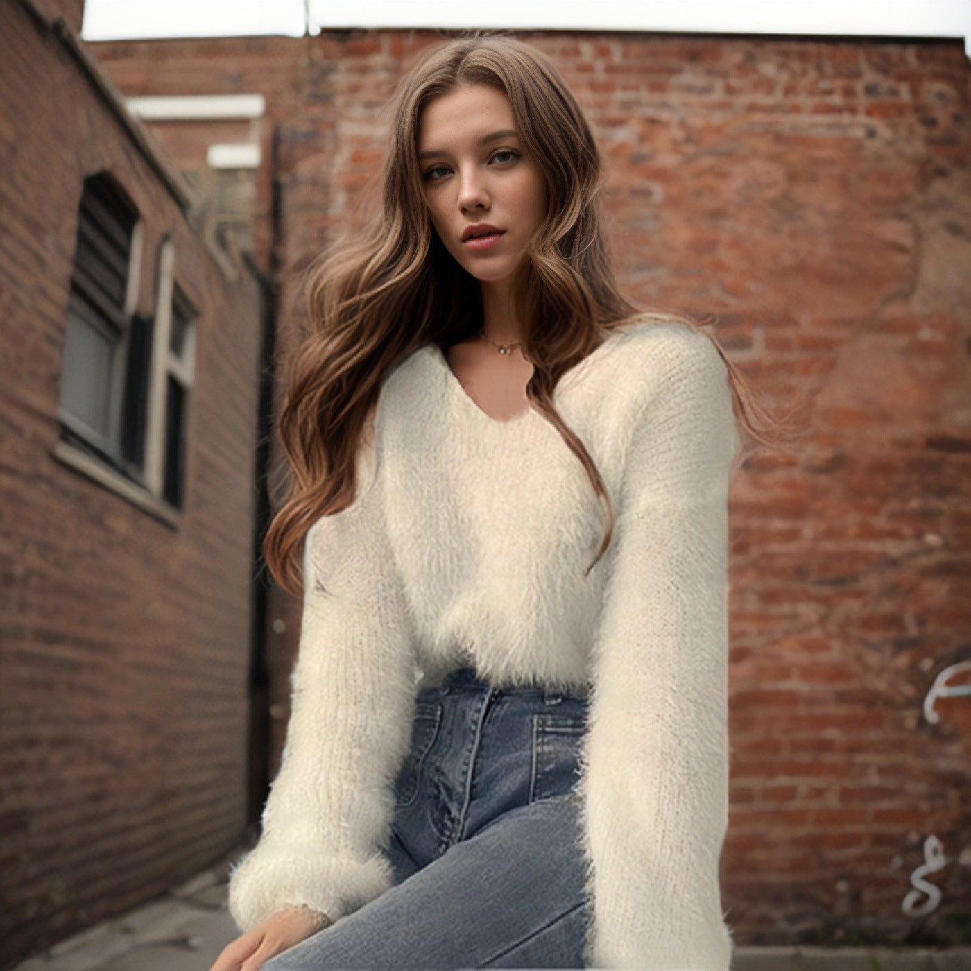 Dames en viscose pull avec des manches volumineuses et décolleté en V Chic und Stil