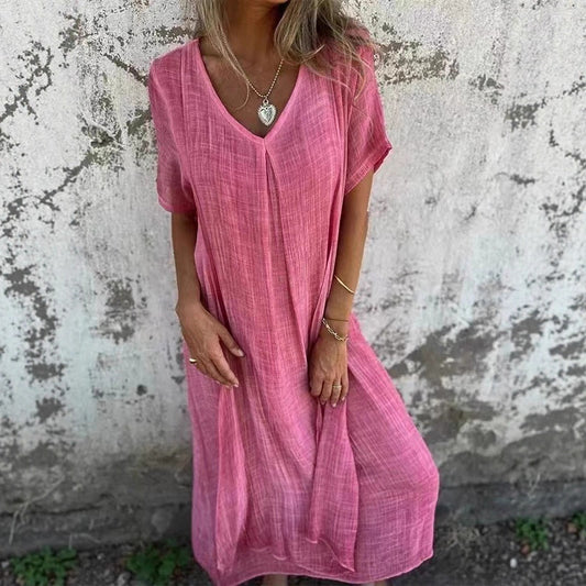 Robe maxi décontractée pour femmes en tissu léger avec décolleté en V et manches courtes Chic und Stil