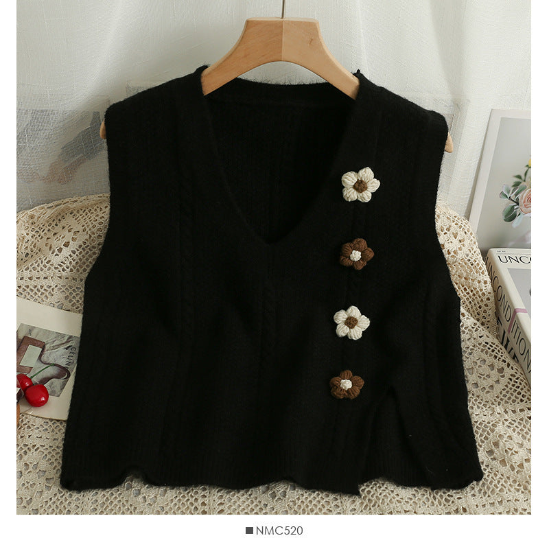 Dames gros tricot gilet avec décolleté en V et accents floraux Chic und Stil