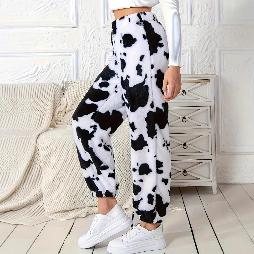 Women's plush pants with a trendy cow spot pattern and an elastic waist Chic and Style