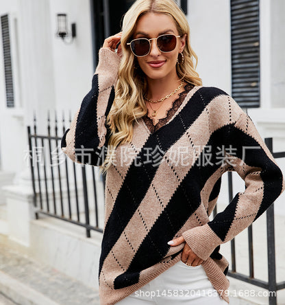 Pull en tricot pour femmes avec décolleté en V et motif losangé moderne Chic und Stil