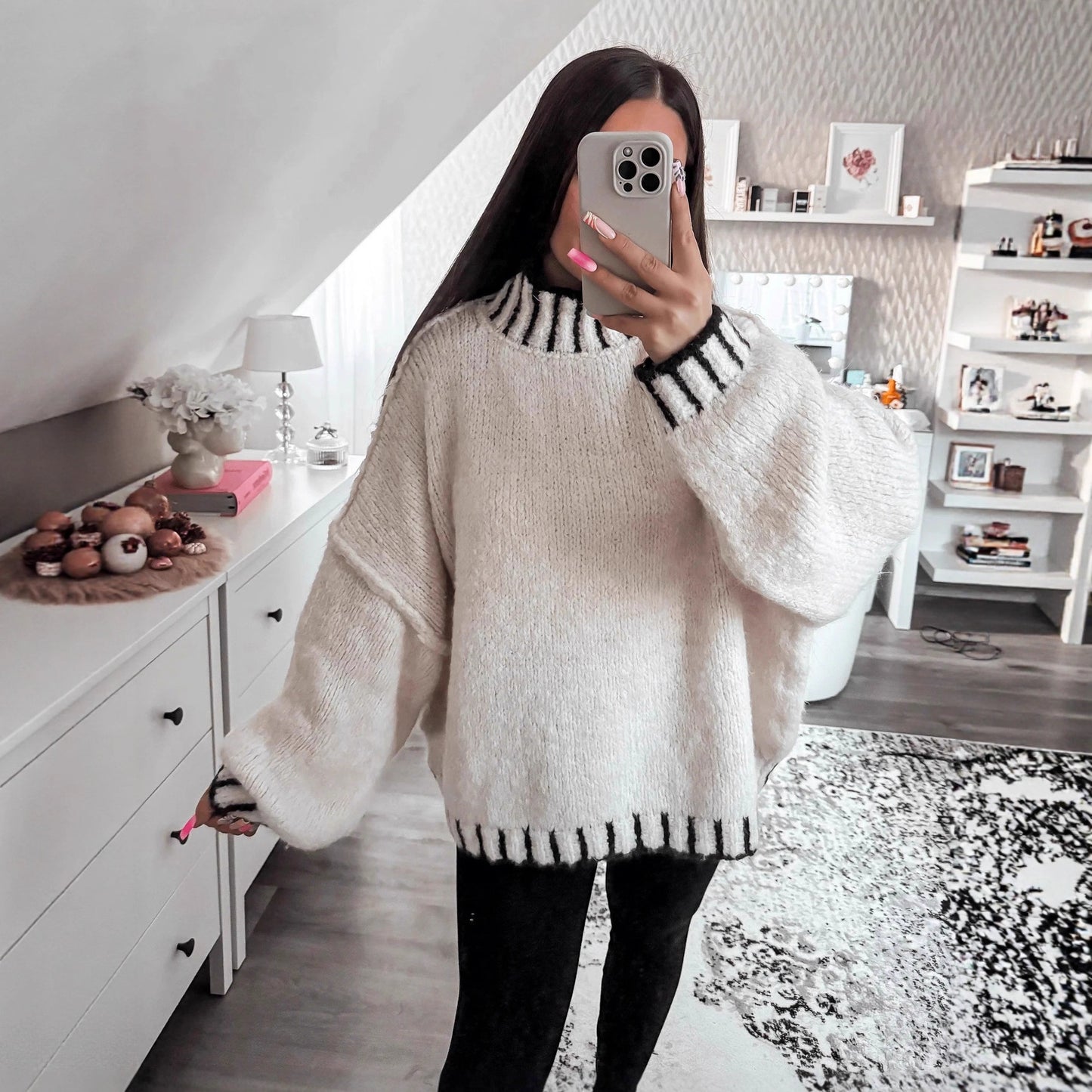 Pull en tricot épais décontracté pour femmes avec des manches volumineuses et un col montant Chic und Stil