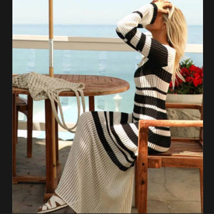 Robe maxi en tricot pour femmes avec un motif rayé à la mode et des manches élégantes Chic und Stil