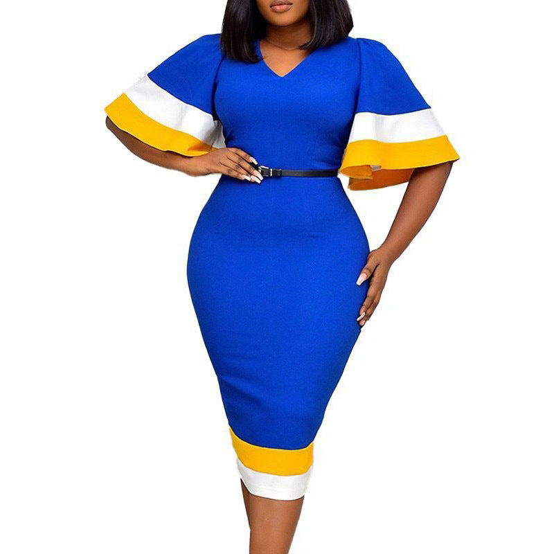 Dames Élégant Robe à Décolleté en V avec Manches Volantes Contrastées et Ceinture à la Taille Chic und Stil