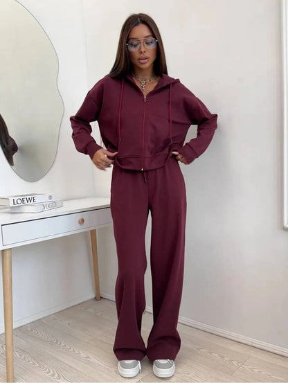 Ladies comfortable and stylish hooded sweatshirt with chic wide pants