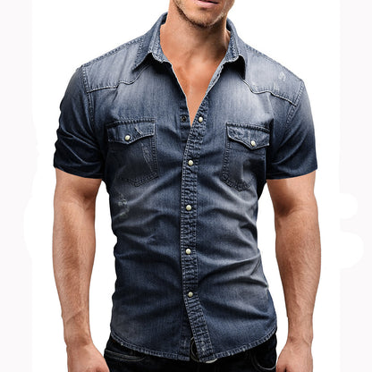 Chemise en denim à manches courtes pour hommes avec poches à rabat classiques Chic und Stil