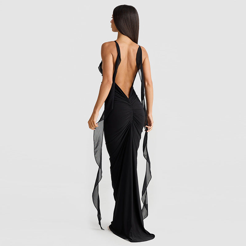 Dames Robe élégante avec détail de volants flottants et longues bandes Chic und Stil