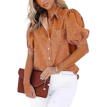 Blouse en denim décontractée pour femmes avec des manches bouffantes et une poche poitrine pratique Chic und Stil