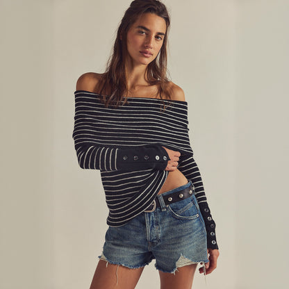 Pull off-épaule femme avec un motif rayé moderne et des détails de boutons Chic und Stil
