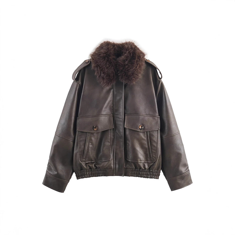 Damen Veste en similicuir avec col en fausse fourrure amovible et poches pratiques Chic und Stil