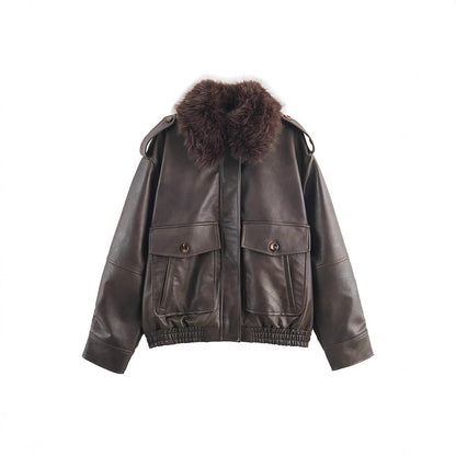 Damen Veste en similicuir avec col en fausse fourrure amovible et poches pratiques Chic und Stil