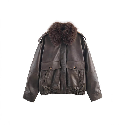 Damen Veste en similicuir avec col en fausse fourrure amovible et poches pratiques Chic und Stil